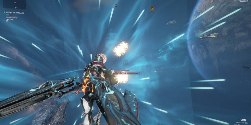 Excalibur Warframe in Odonata Archwing casts the 4th ability, repelling and destroying all opposing enemies in the area.
