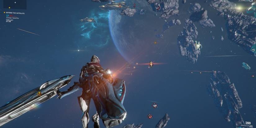 Excalibur Warframe in Odonata Archwing is fired on by enemy Dargyns, but is bolstered by his high armor stat.