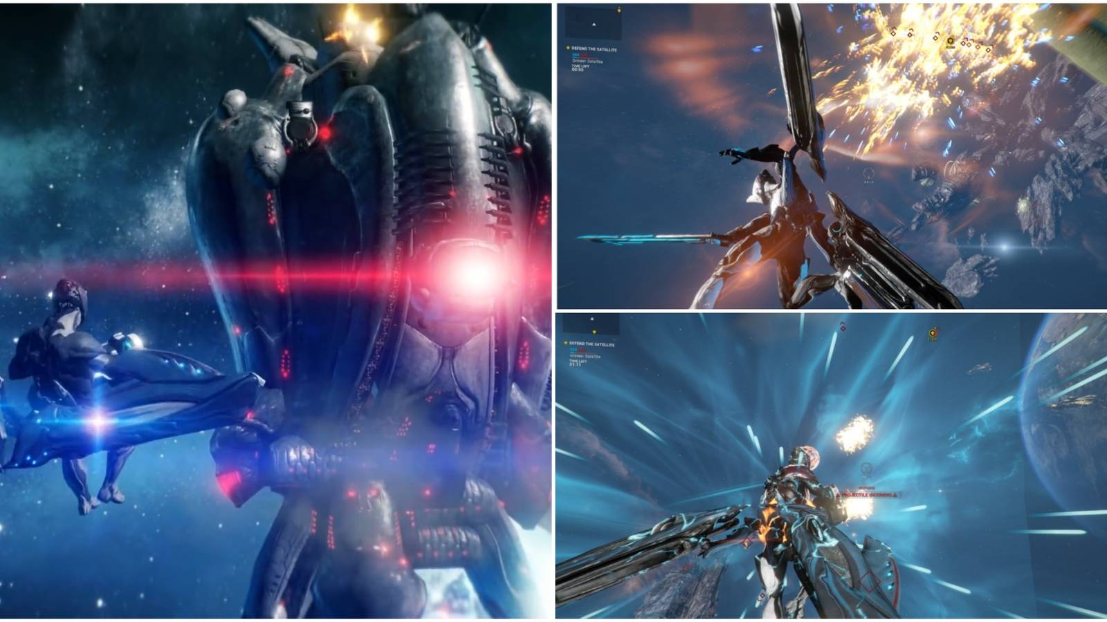 Warframe facing down Balor Fomorian (left), Warframe slashing through an enemy in space (top right), Warframe using Odonata's 4th ability to repel surrounding enemies (bottom right).