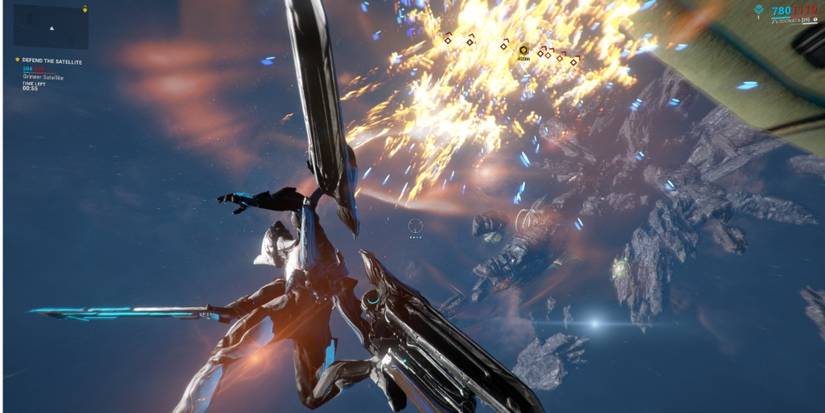 Excalibur Warframe in Odonata Archwing enters the fray with his Archmelee, empowered by the Enhanced Durability mod.
