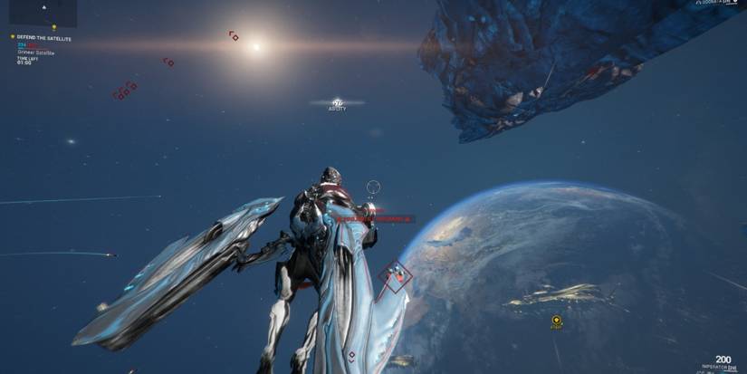 Excalibur Warframe in Odonata Archwing fires missiles over long distance due to Energy Amplifier mod.