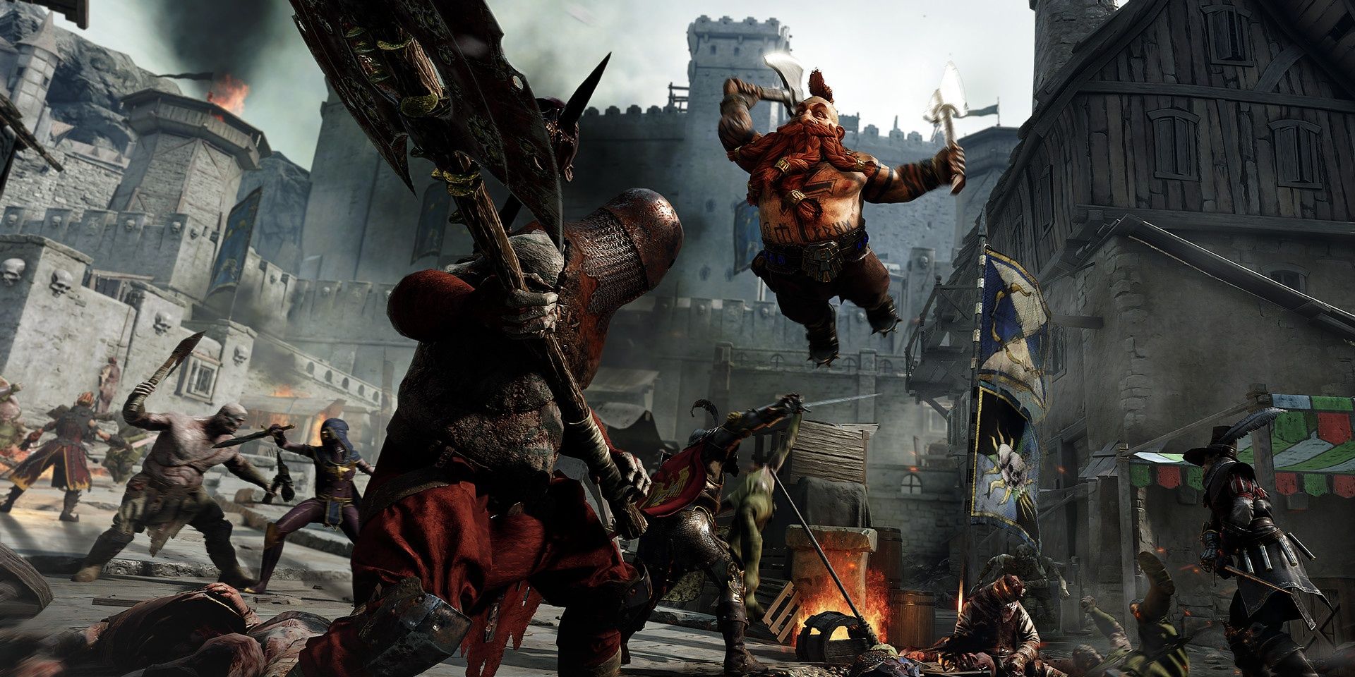 A dwarf leaping from the ground wielding two axes going towards a person wielding a giant battle axe in Warhammer: Vermintide 2
