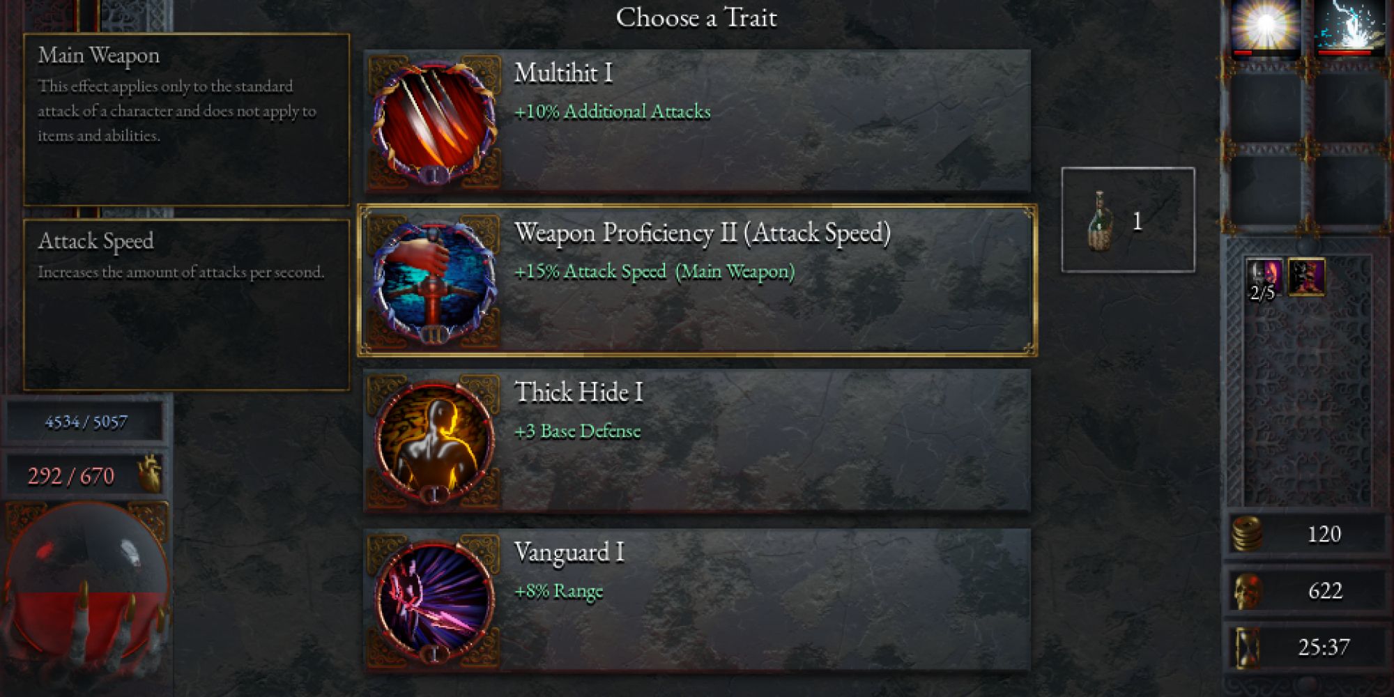 The Weapon Proficiency trait as it appears on the level-up menu in Halls of Torment