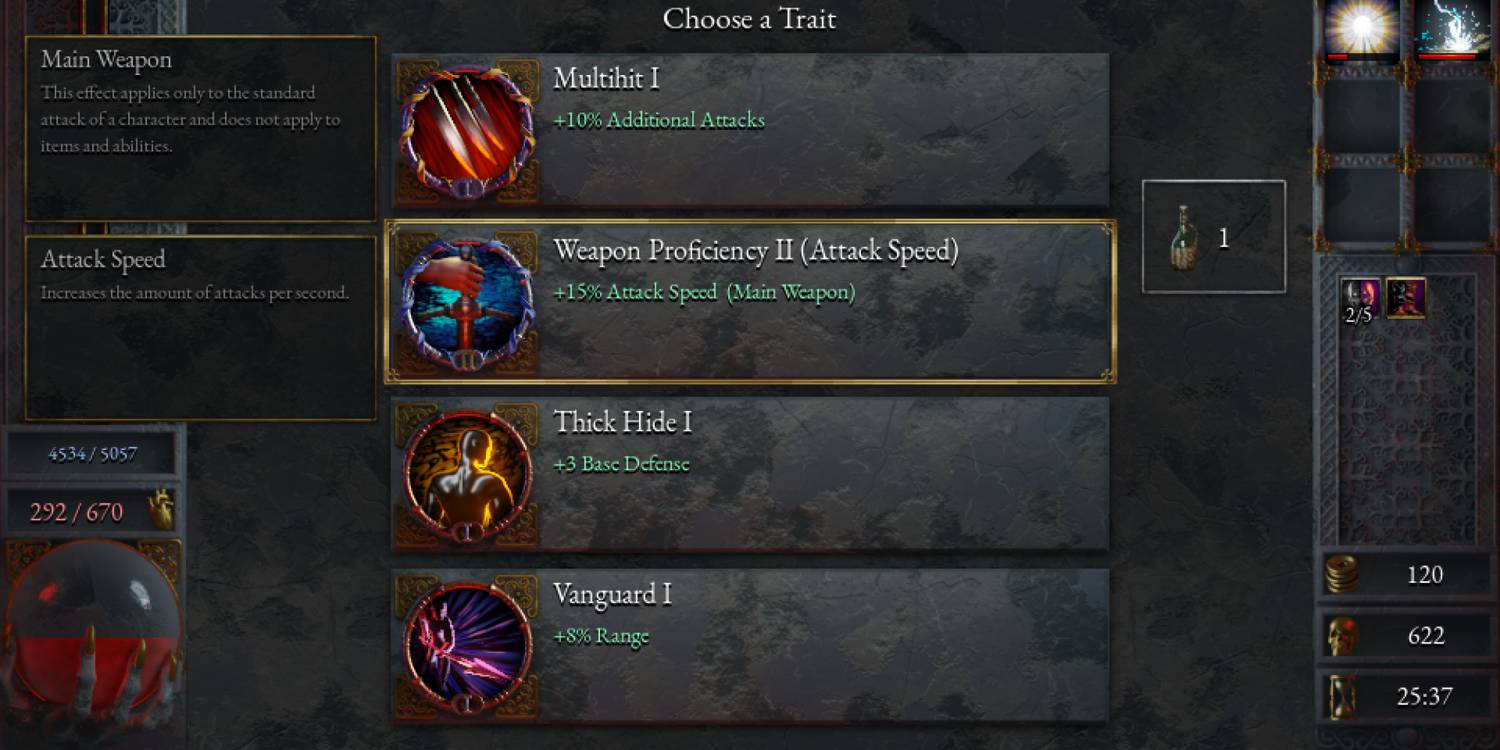 The Weapon Proficiency trait as it appears on the level-up menu in Halls of Torment