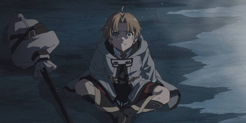 Rudeus sitting on the floor in fear