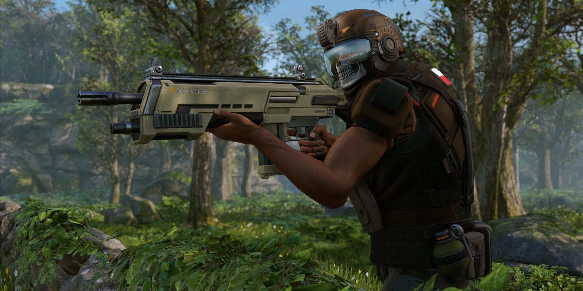 A player holding a large gun wearing a helmet and skull face mask in XCOM 2
