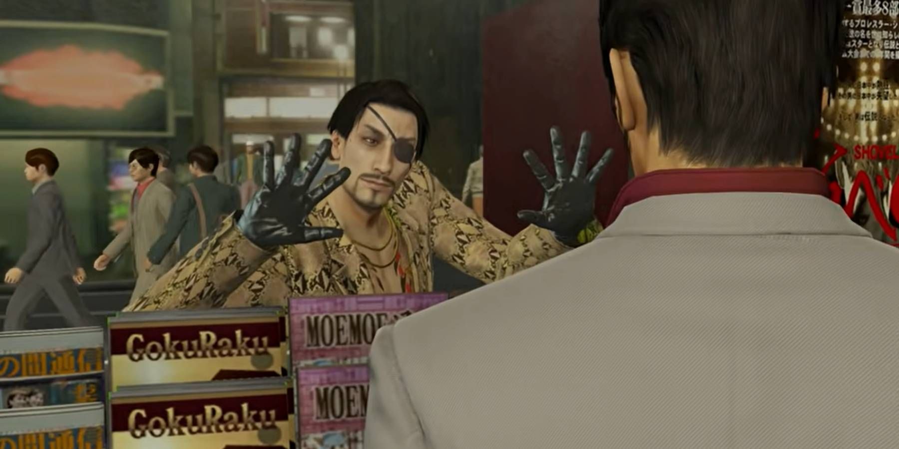 Majima outside the convenience store window in Yakuza Kiwami 2