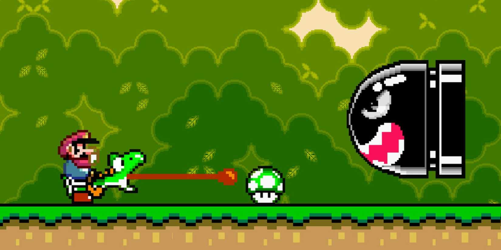 Mario and Yoshi about to engage a Banzai Bill