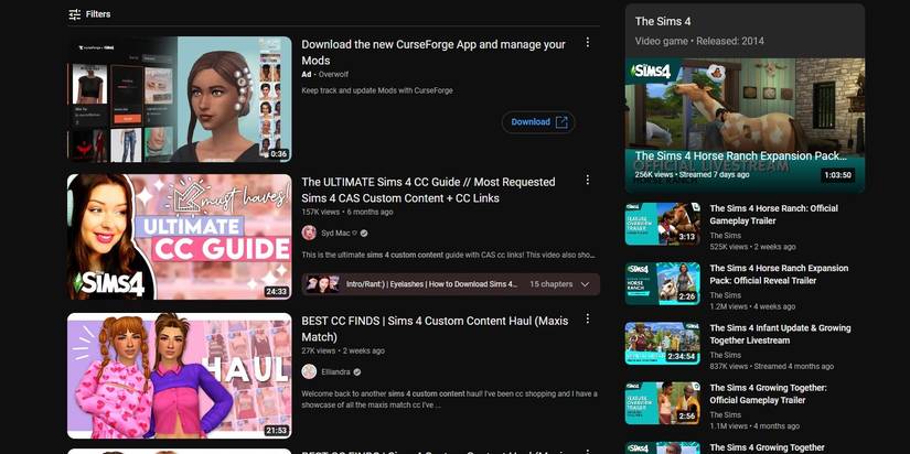 A search page for those looking on YouTube for Sims custom content