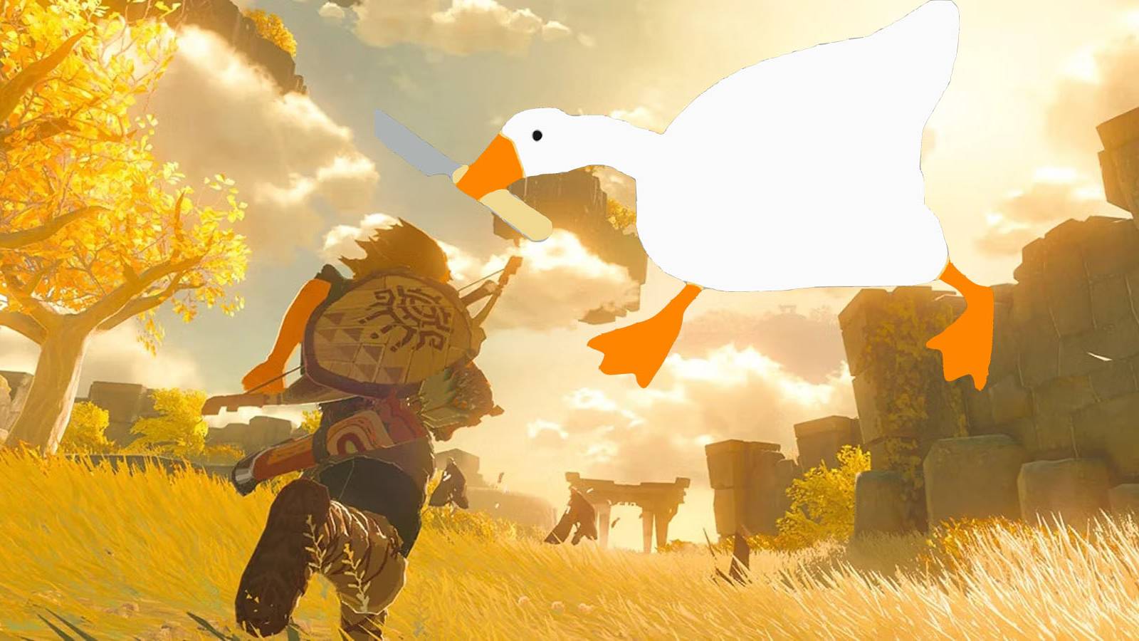 A screenshot of Link running through a field in The Legend of Zelda: Tears of the Kingdom, with the goose from Untitled Goose Game hovering in the sky above him.