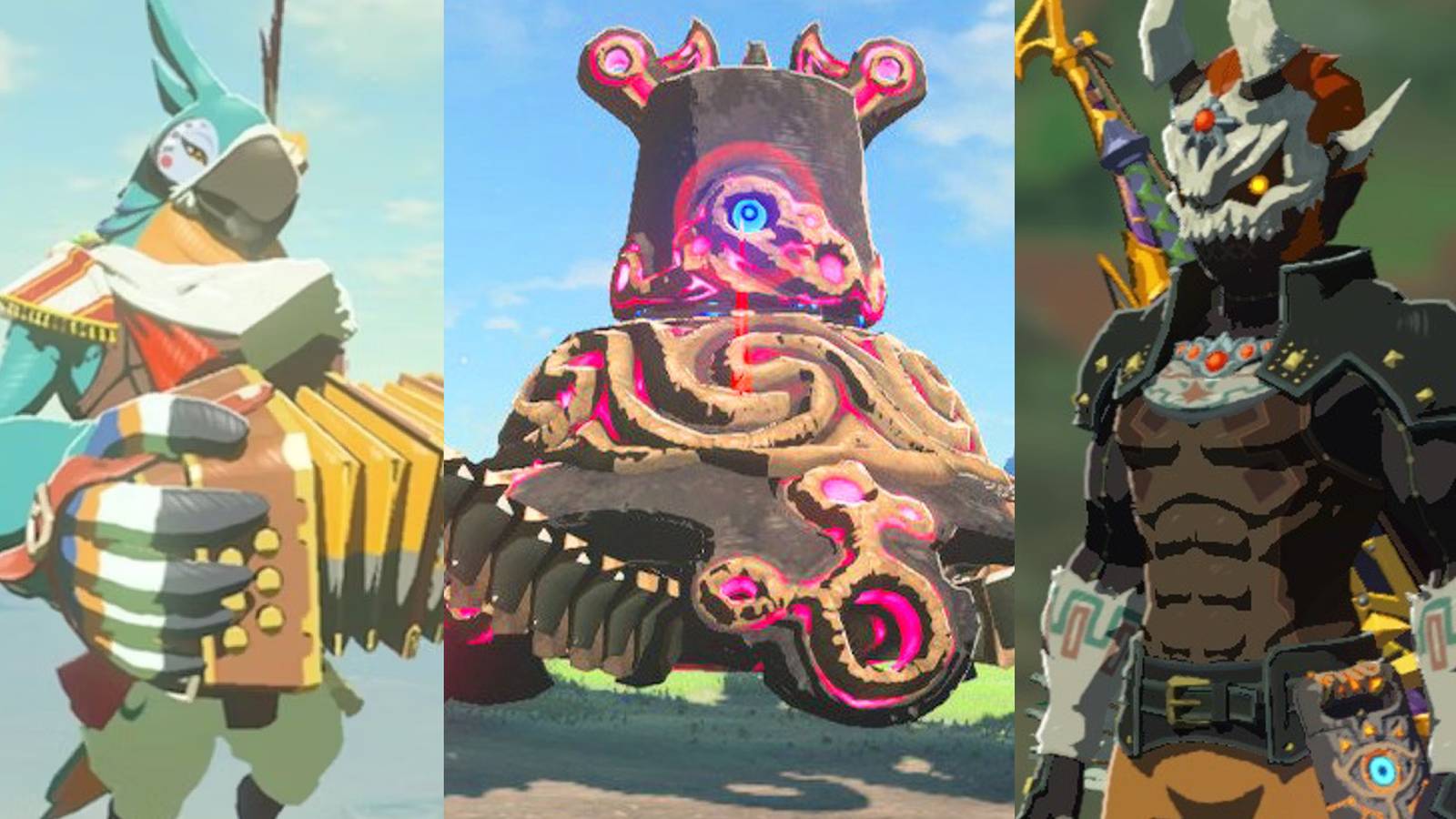 Kass in Breath of the Wild; an awakened Guardian in Breath of the Wild; the Phantom Ganon armor set