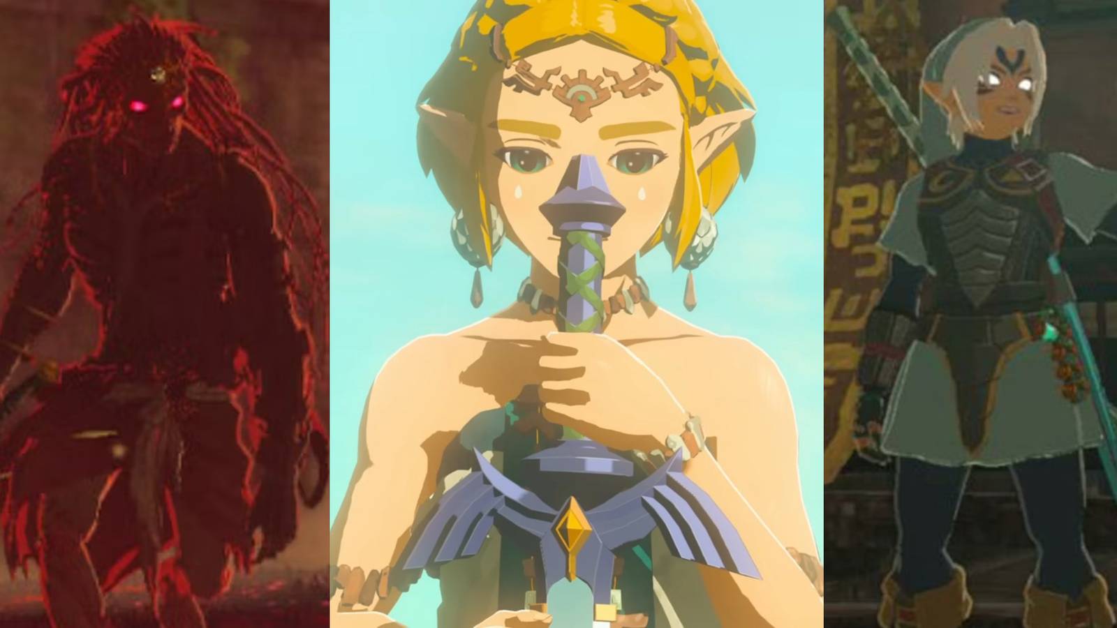 Phantom Ganon with the Gloom Sword; Zelda holding the Master Sword; Fierce Deity Link