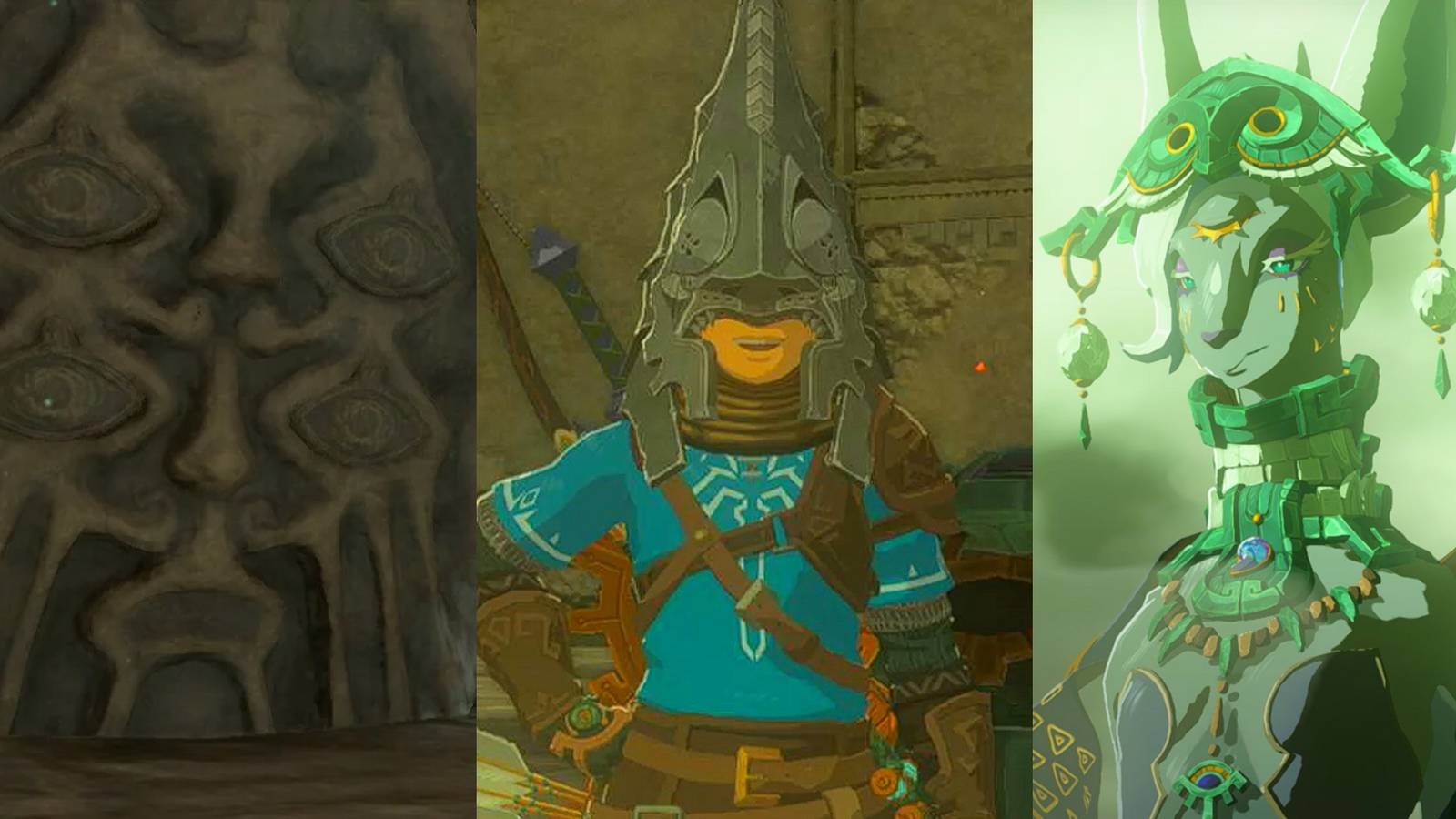 A Bargainer statue in the Depths; Link wearing Zant's helmet, Mineru in a flashback