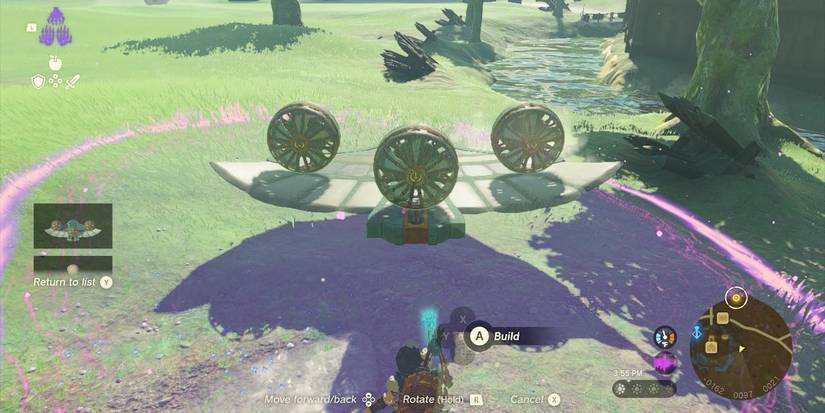 Link making a plane with three fans using the Autobuild ability in The Legend of Zelda: Tears of the Kingdom