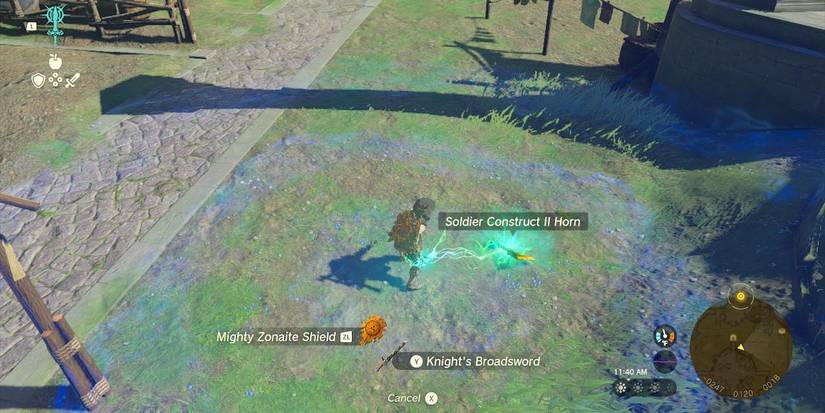 Link using his Fuse ability to add a Soldier Construct II Horn to his Knight's Broadsword in The Legend of Zelda: Tears of the Kingdom