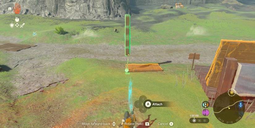 Link attaching a wooden pillar to a wooden board using his Ultrahand ability in The Legend of Zelda: Tears of the Kingdom