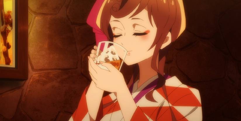 Yuguri indulging in a glass of what appears to be whiskey with a content smile on her face.