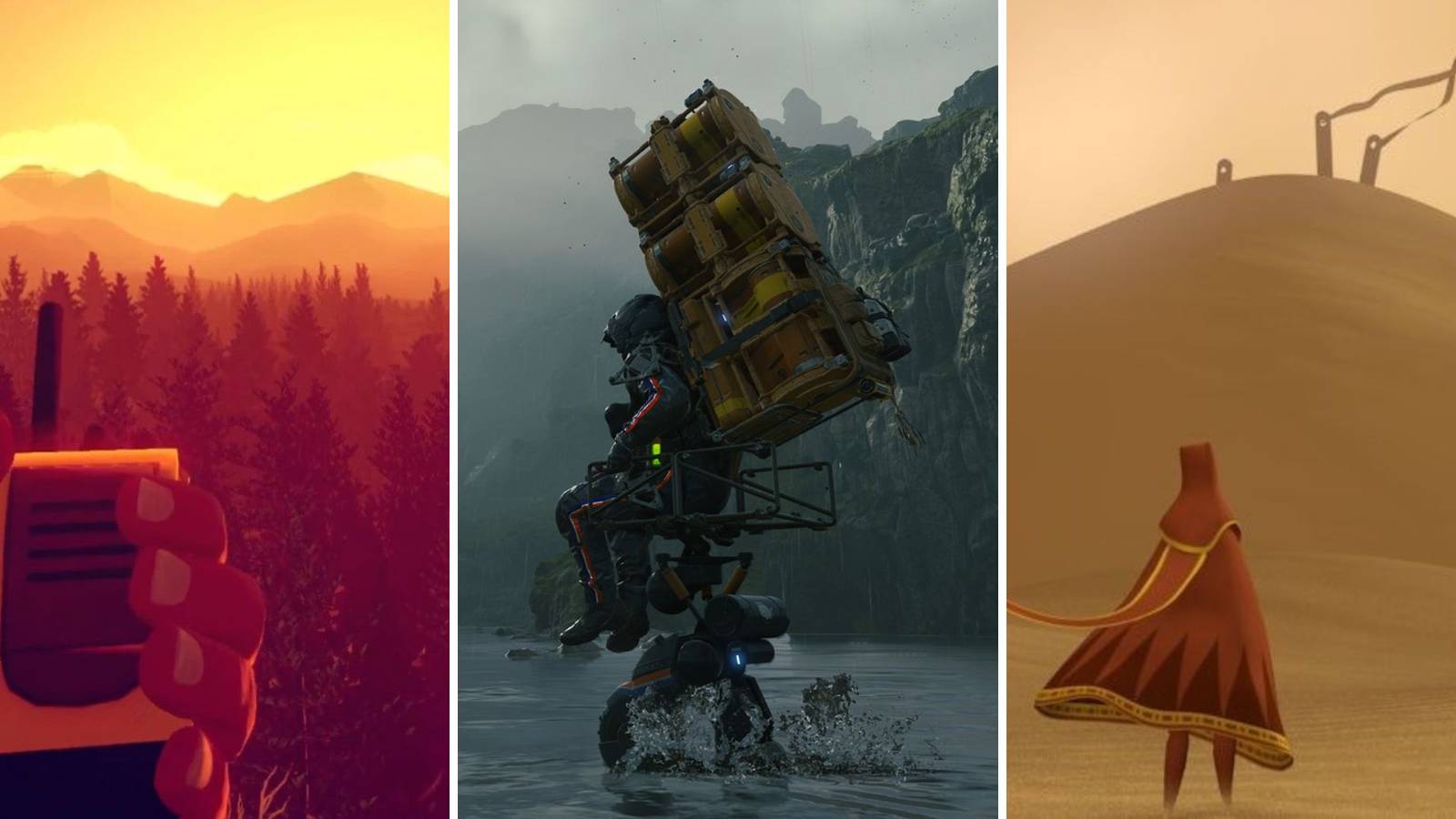 A grid showing the three loneliest games: Firewatch, Death Stranding, and Journey