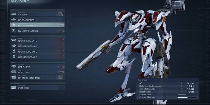 The AC assembly screen in Armored Core 6