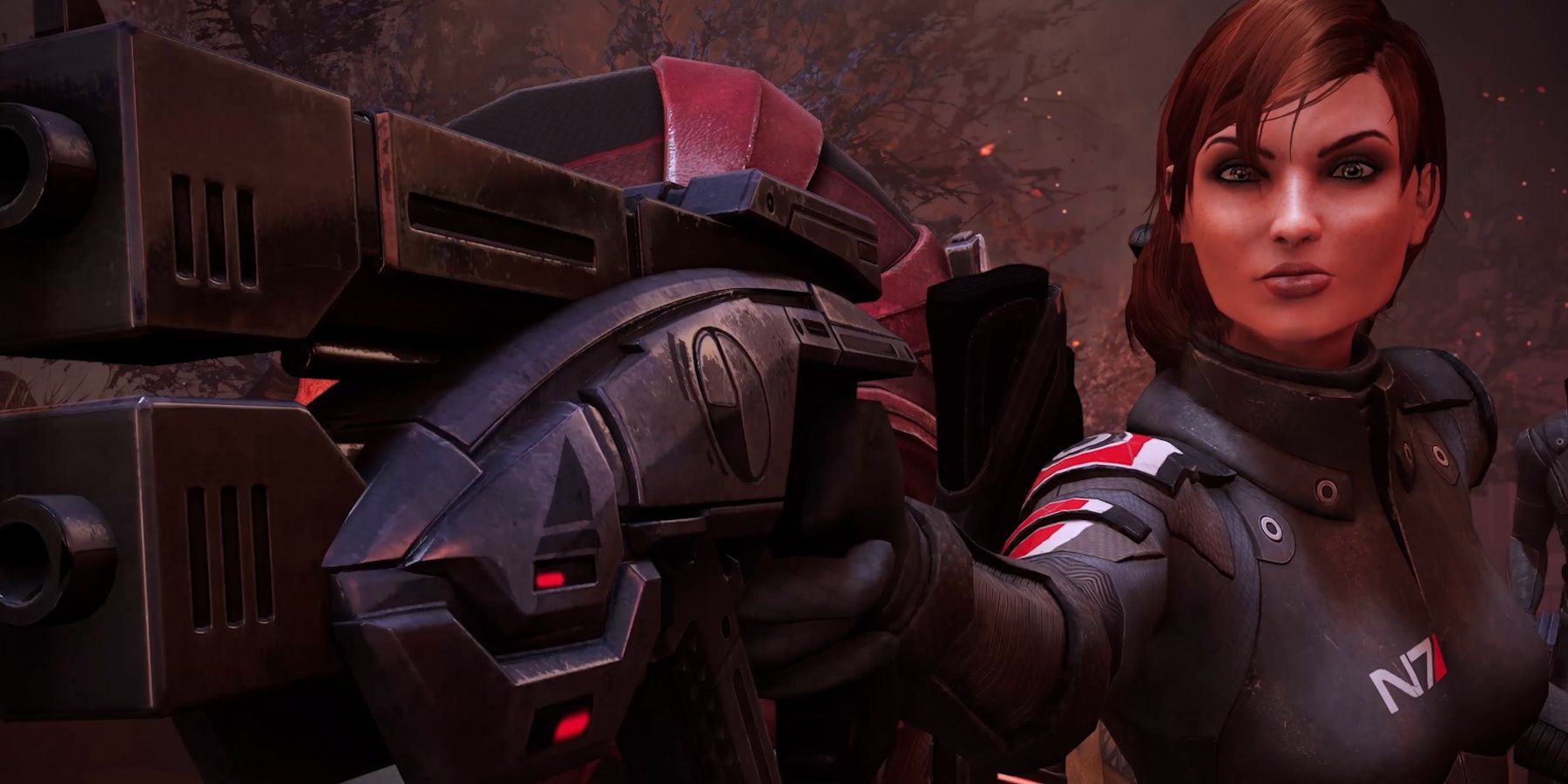 femshep from mass effect 1 pointing a gun