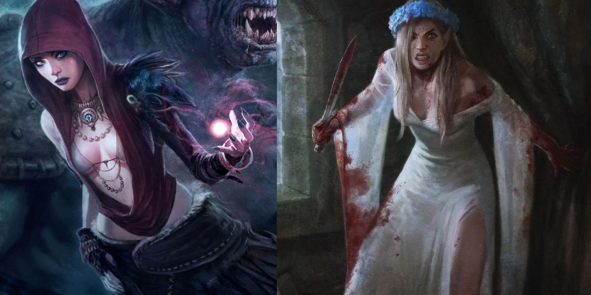 Split image showing Morrigan and the City Elf Warden. 