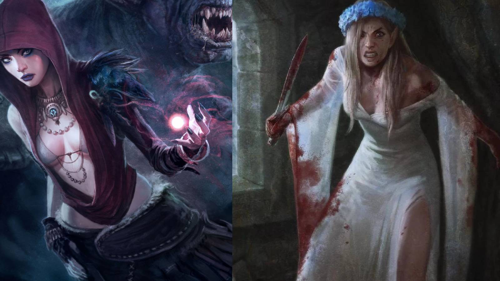 Split image showing Morrigan and the City Elf Warden. 