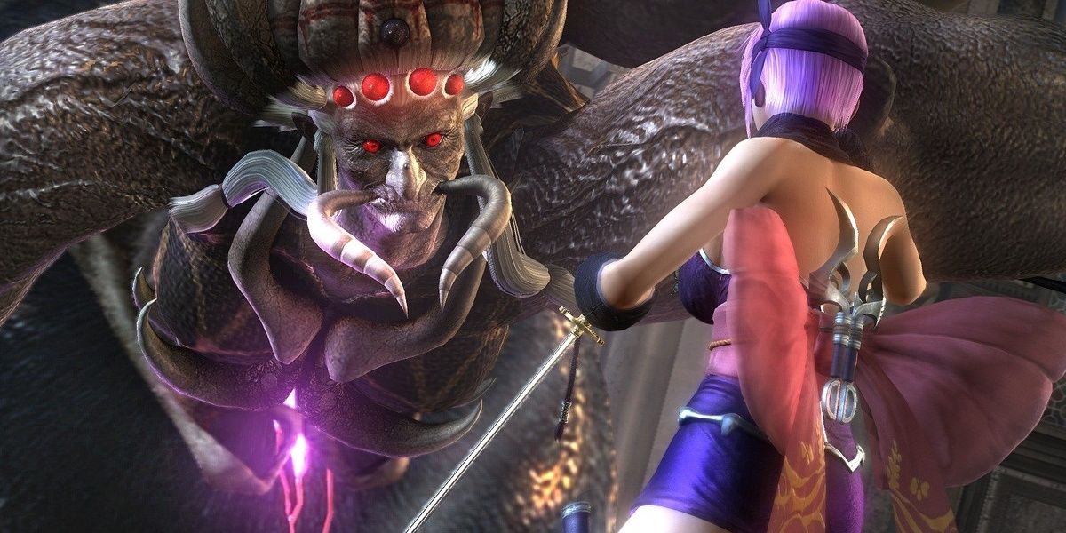 ayane from ninja gaiden sigma 2 standing in front of a monster