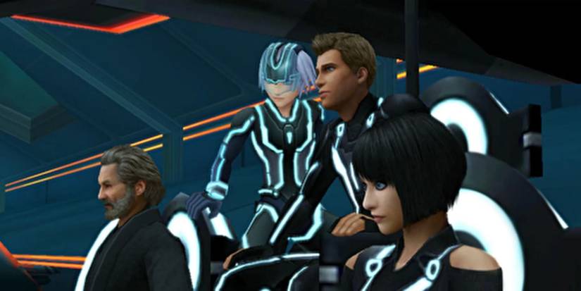 A cutscene featuring Tron Legacy characters in Kingdom Hearts 3D Dream Drop Distance