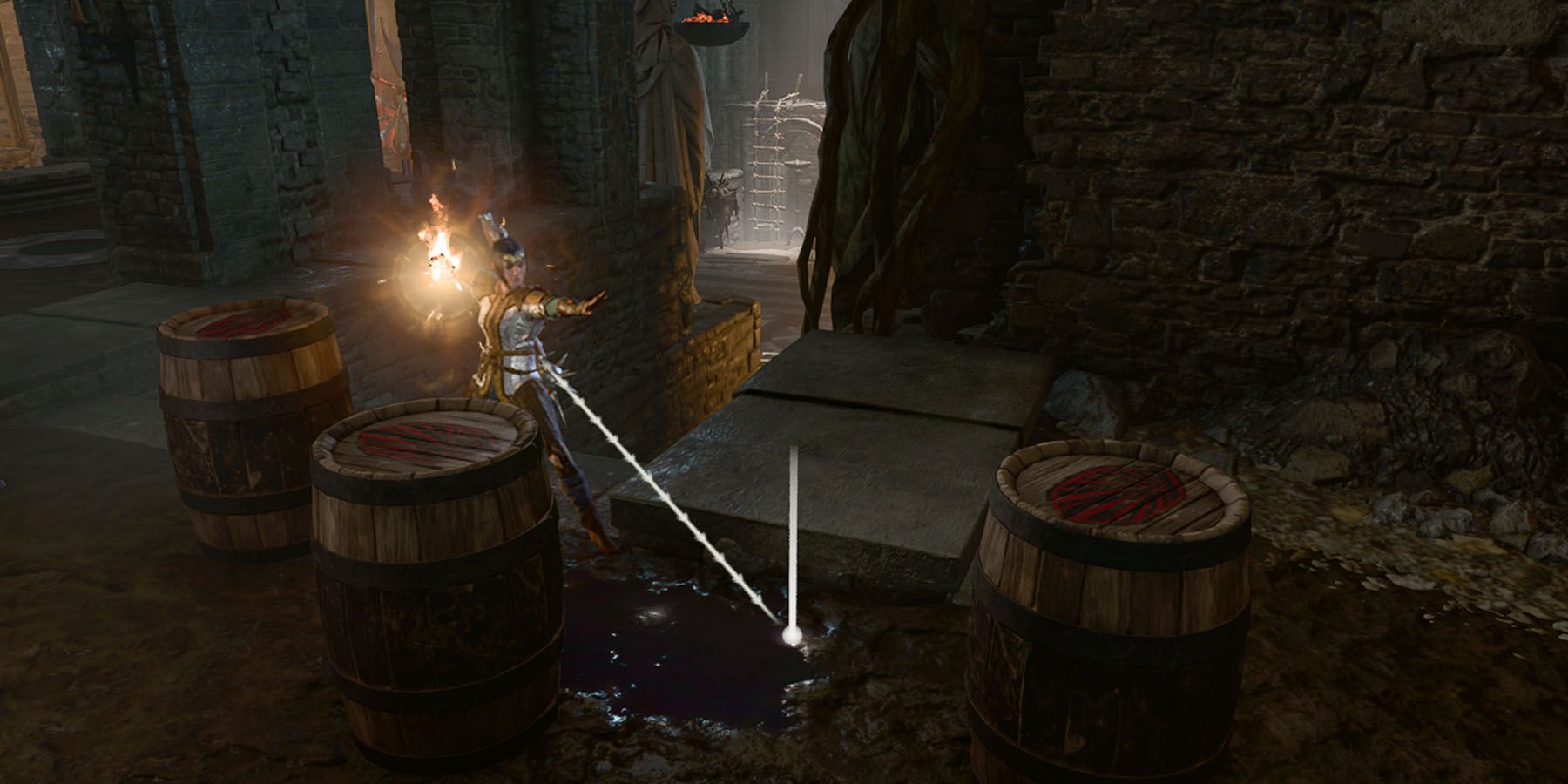 A spellcaster targeting a barrel on an oil surface