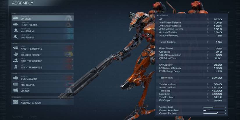 An AC with different weapon types in its loadout