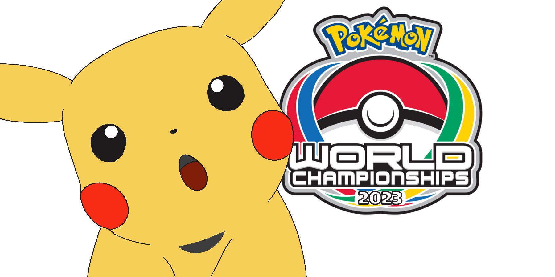 Amazed or surprised looking Pikachu in front of Pokemon World Championships 2023 logo