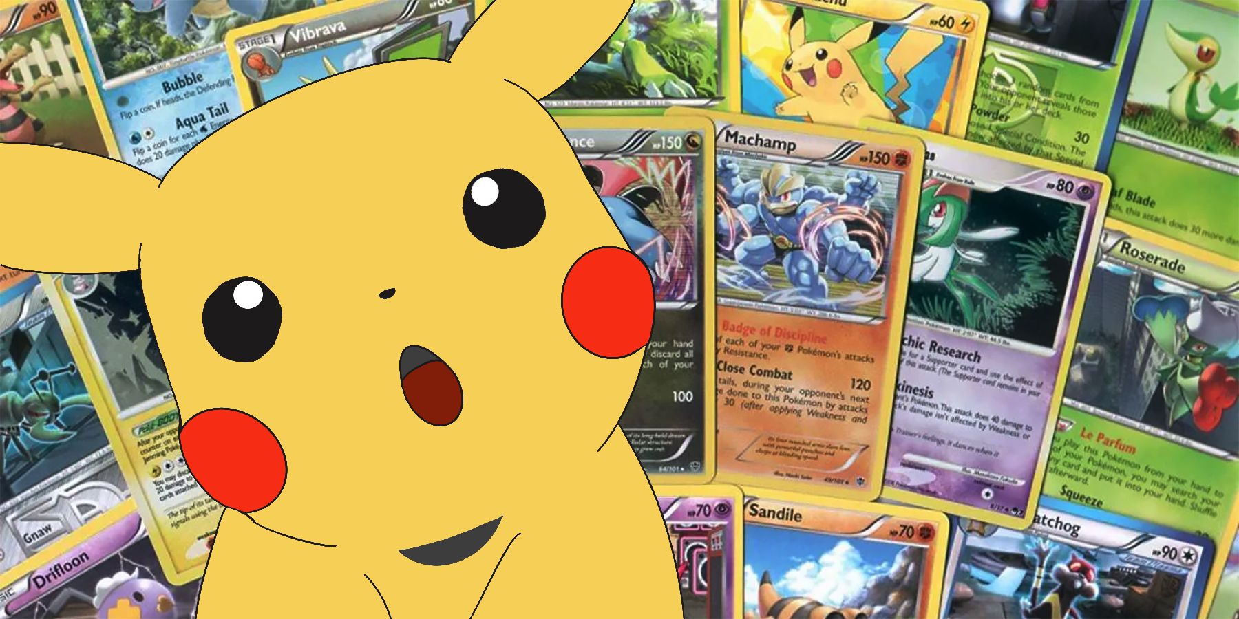 Amazed surprised Pikachu doodle in front of some Pokemon TCG cards