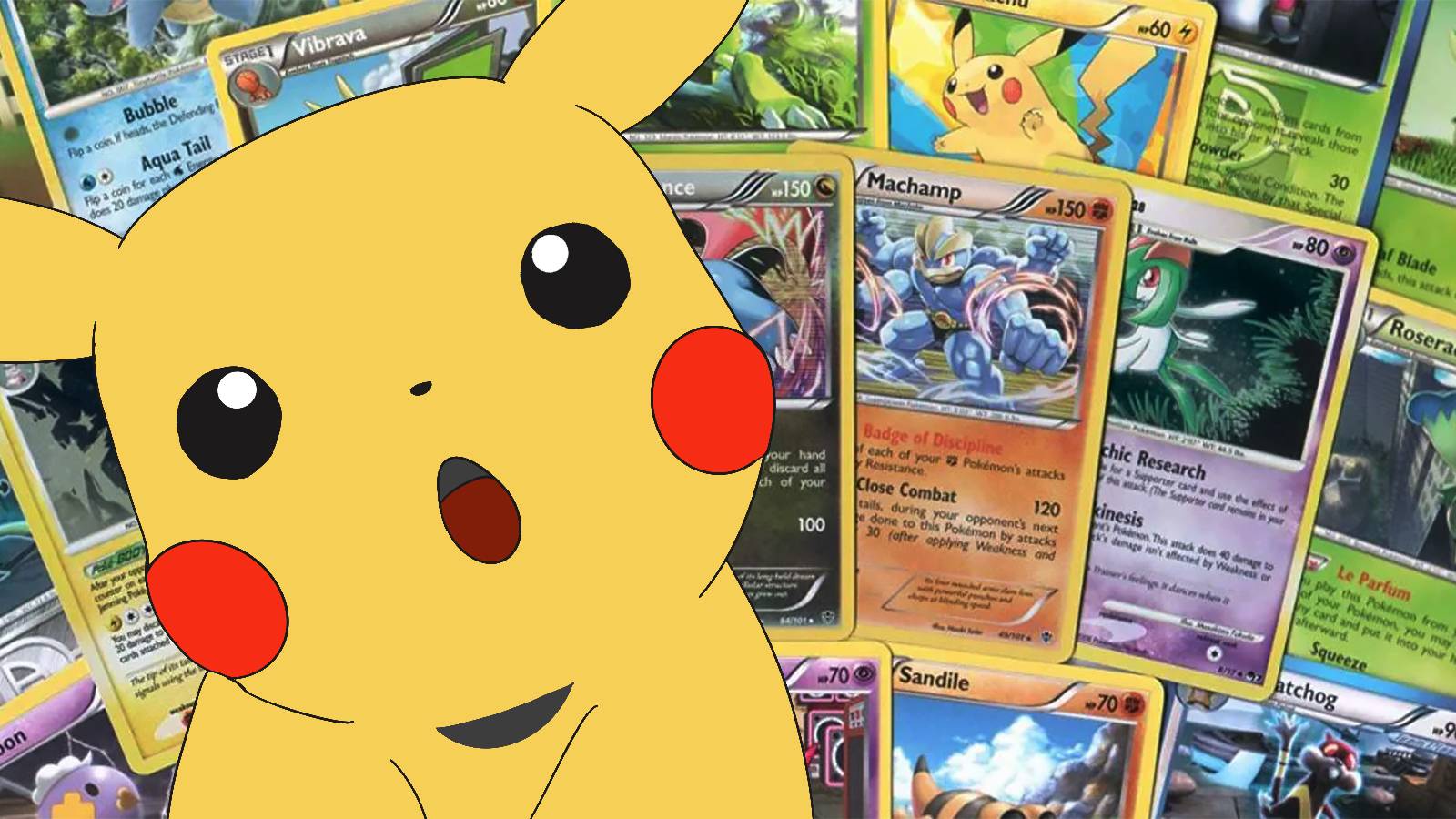 Amazed surprised Pikachu doodle in front of some Pokemon TCG cards