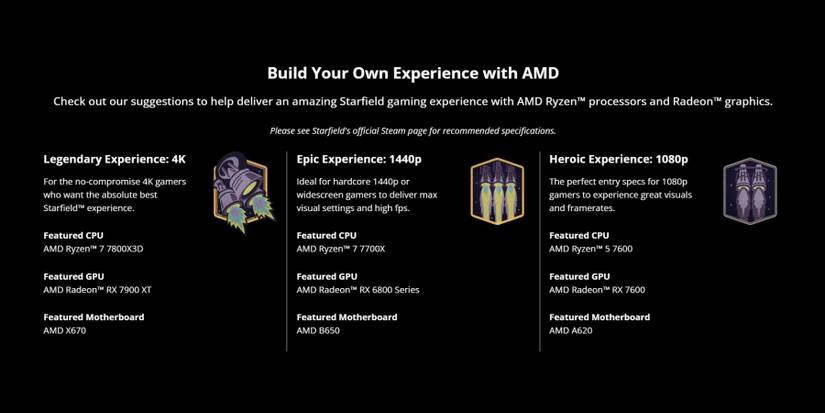 image showing exclusive amd system specs for best starfield performance on pc.