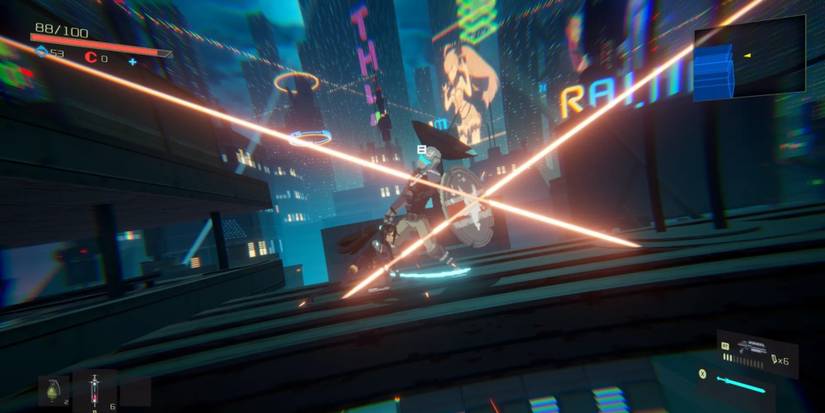 Ann attacking a robotic soldier on a high-rise