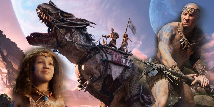 Ark 2 Vin Diesel and child on a t-rex