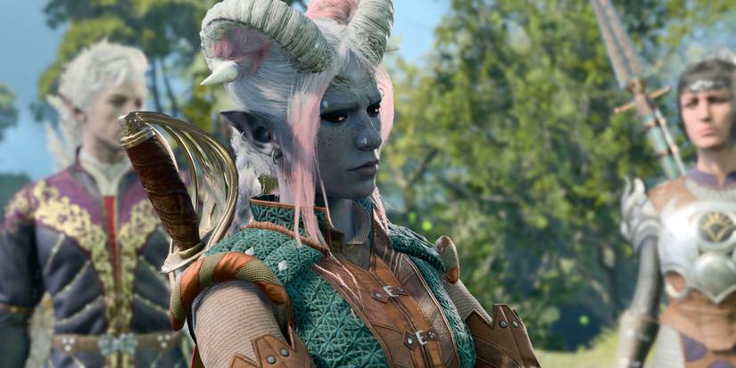 A Tiefling with their arms crossed in Baldur's Gate 3