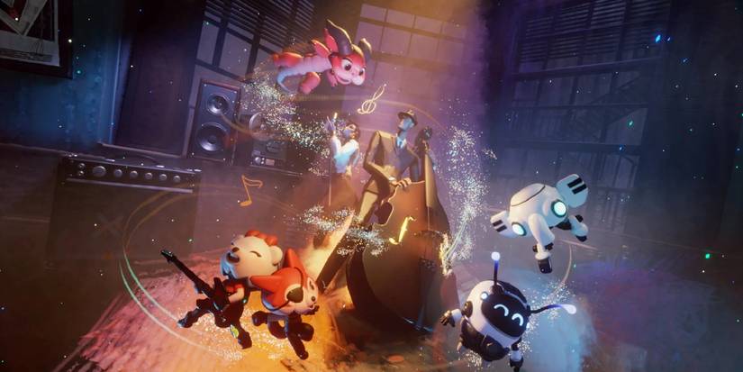 Screenshot showing the main character playing the cello, surrounded by flying creatures.