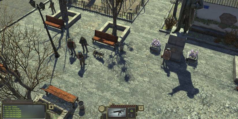 a player exploring a square in ATOM RPG