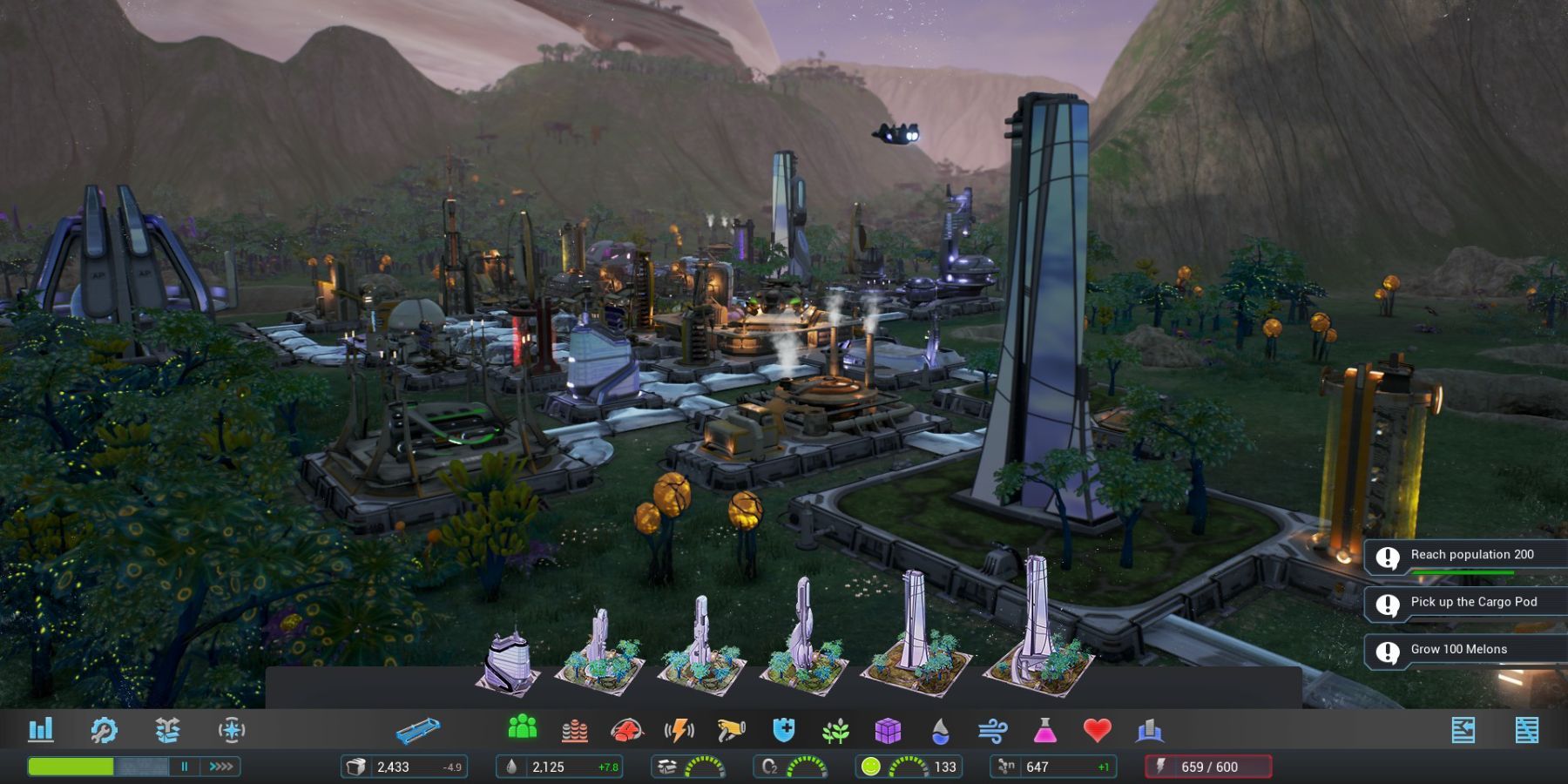 A player's city in a mountainous alien planet