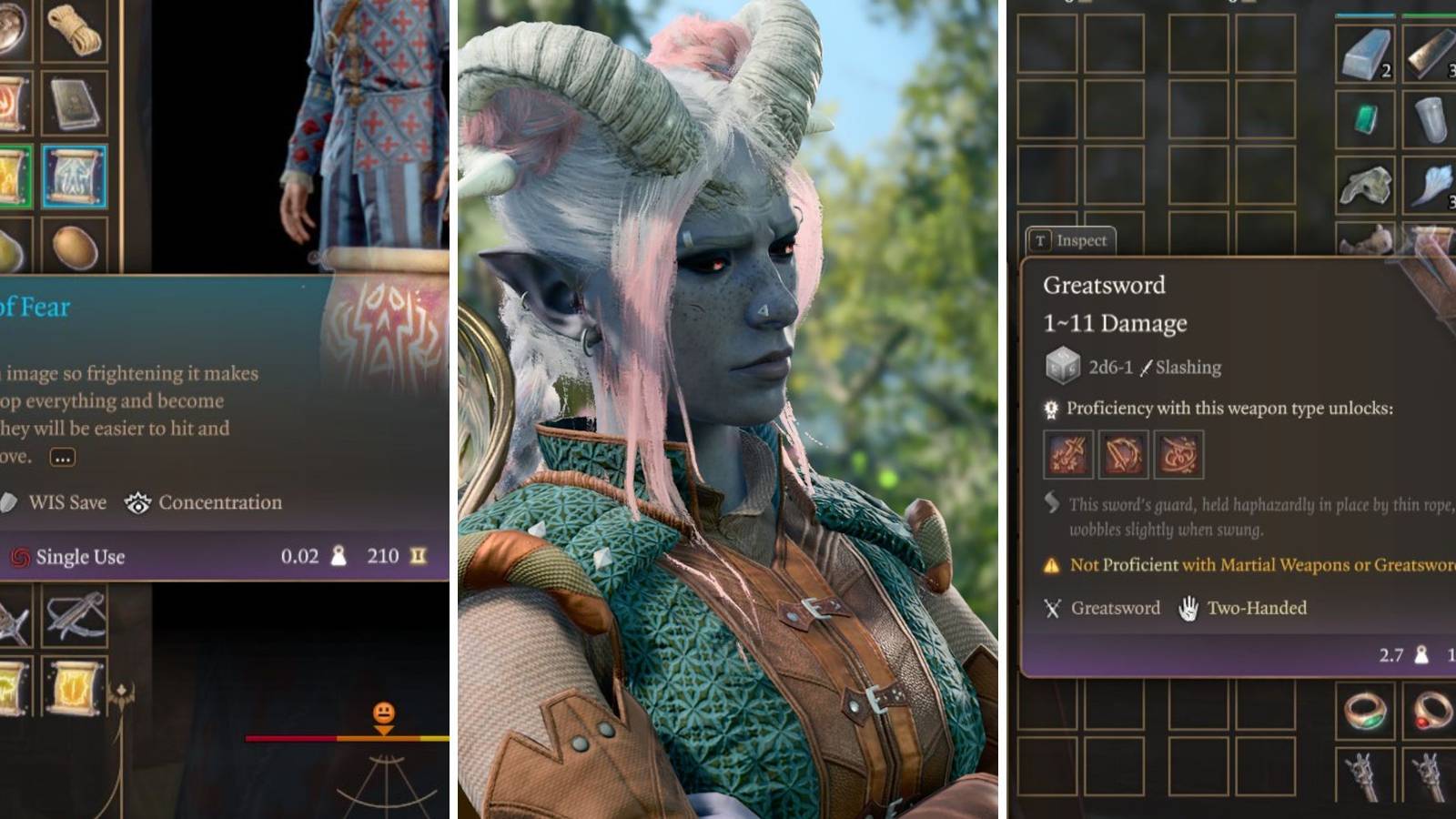 A grid showing a scrolls of fear, a greatsword, and a tiefling with her arms crossed in Baldur's Gate 3