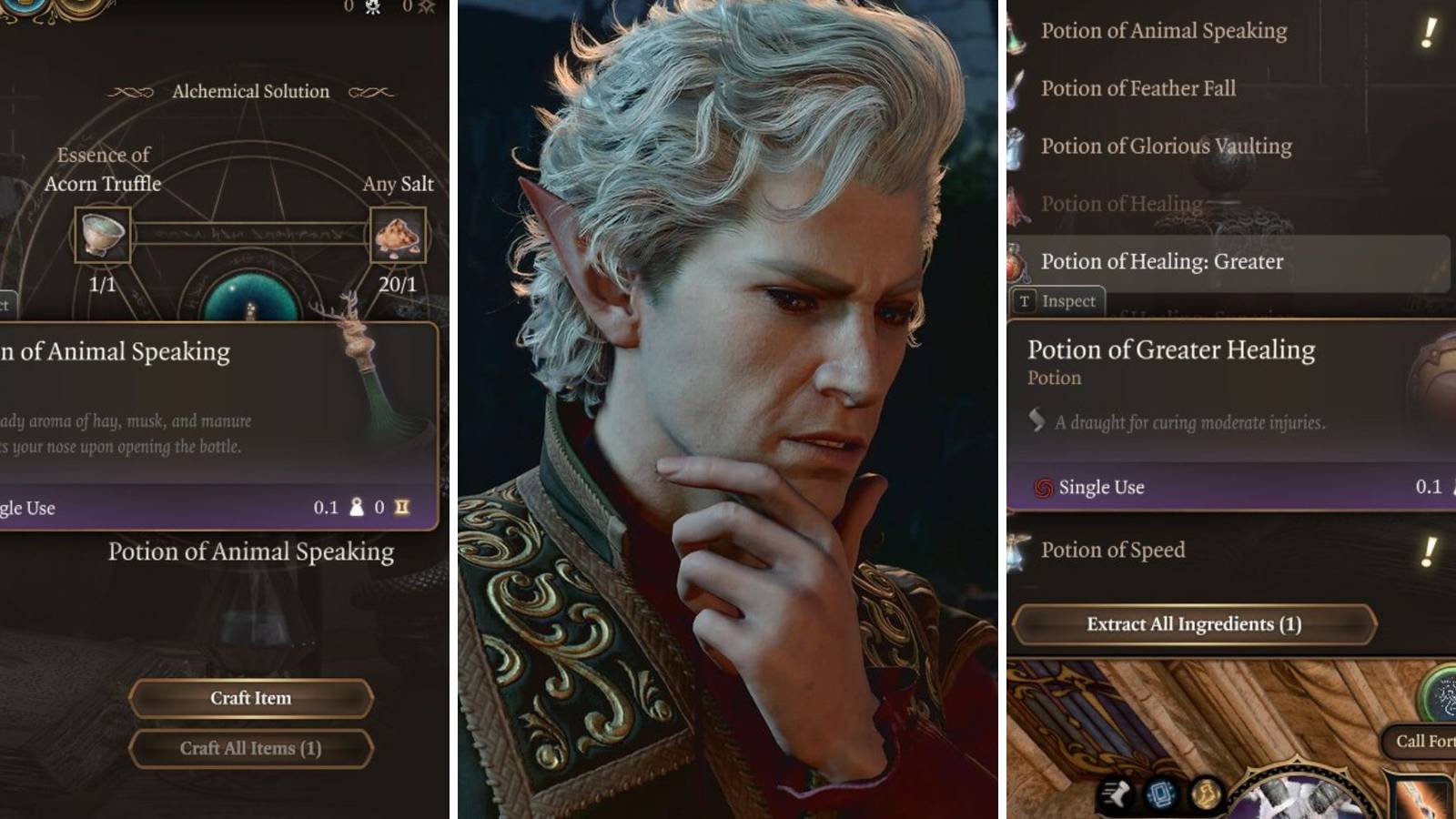 A grid showing two potions in Baldur's Gate 3 and Astarion thinking