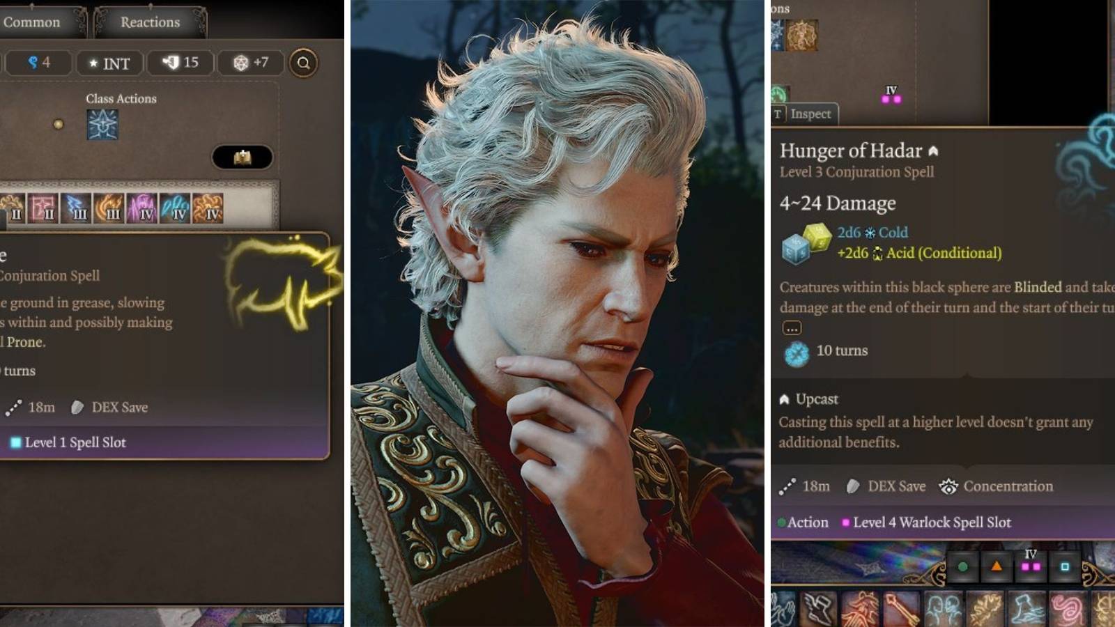 Astarion thinking in Baldur's Gate 3 with two spells either side of him