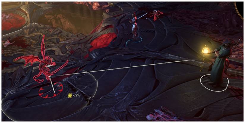 Baldur's Gate 3, Black Dragonborn Targets Imp With Acid Splash