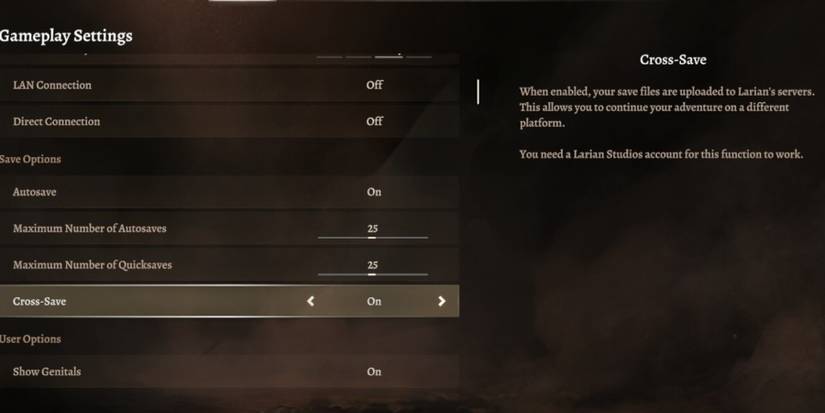 Baldur's Gate 3 - Activate Cross Save in settings