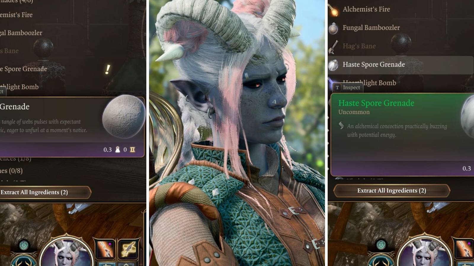 A grid showing two grenades and a tiefling from Baldur's Gate 3 