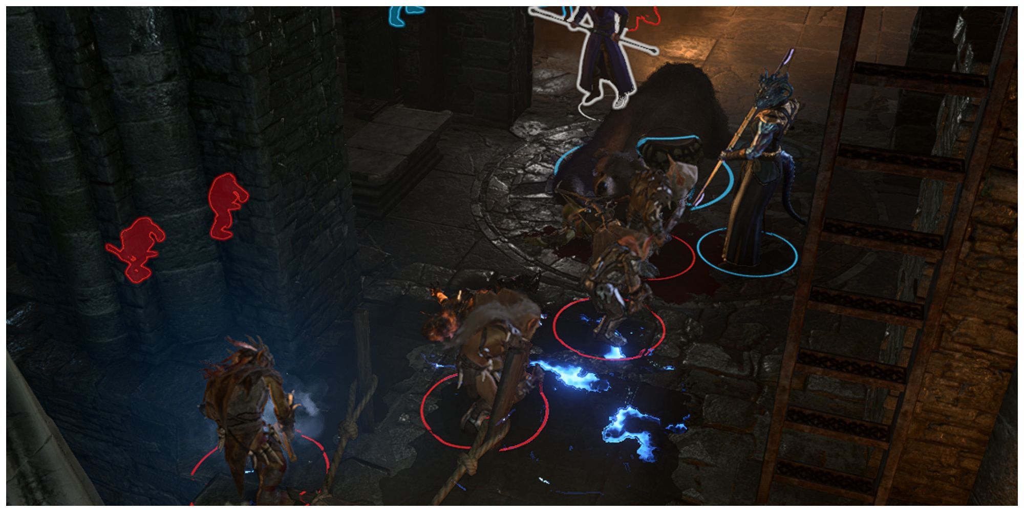 Baldur's Gate 3, feitiço de orbe cromático, área de efeito relâmpago em goblins