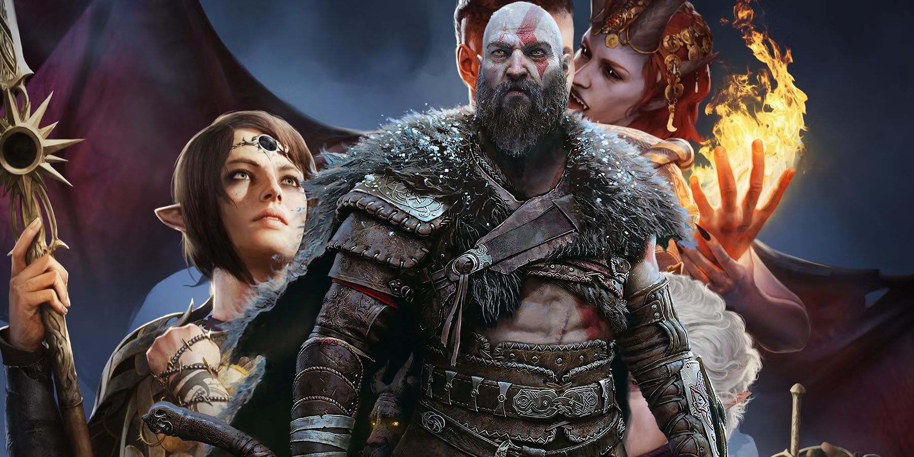 A promotional image of various characters from Baldur's Gate 3, with Kratos from God of War Ragnarok inserted into it.