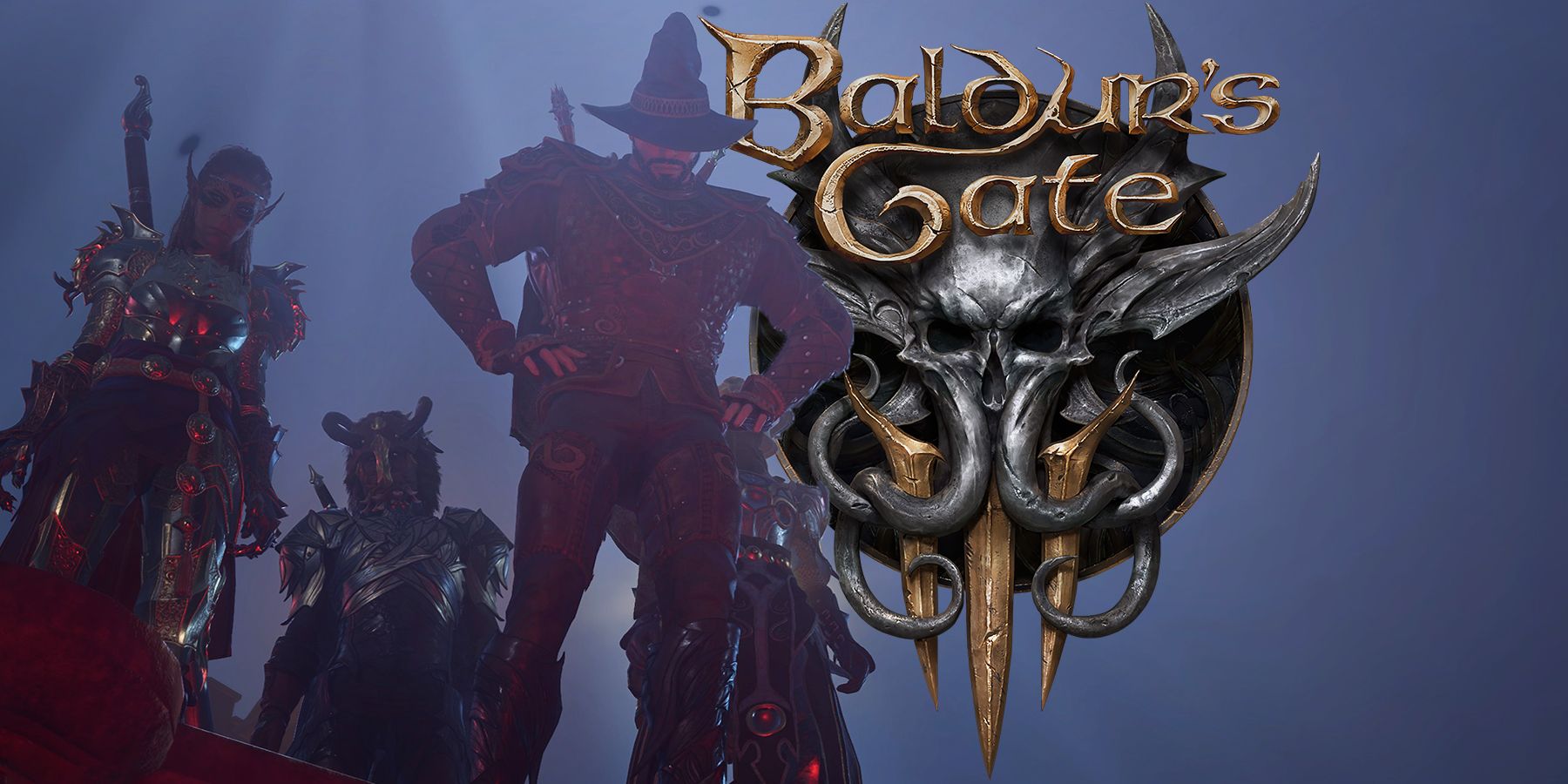 Baldur's Gate 3 party looking down hands on hips with game logo