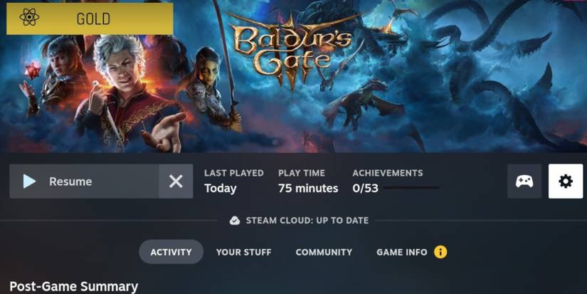 Baldur's Gate 3 Steam Deck home page with settings cogwheel highlighted